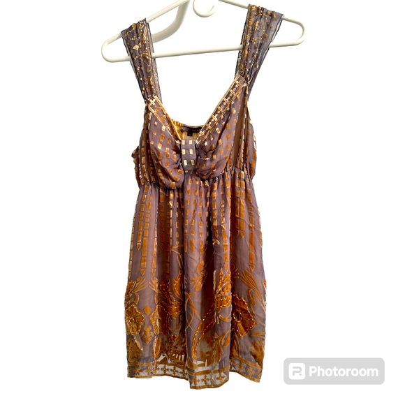 Hale Bob glam 90s taupe silk babydoll top gold beading embossed velvet, medium - Picture 2 of 7